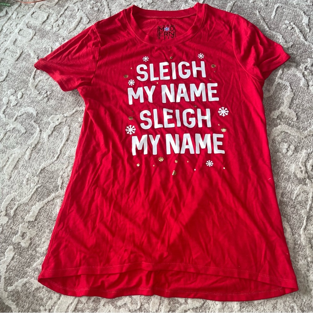 Modern Lux Christmas Holiday Red Graphic TShirt with Festive Text Sleigh My Name